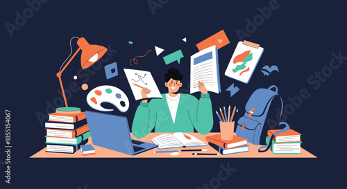 Student works hard at a desk surrounded by books art supplies and floating digital icons representing various subjects.