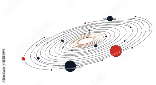 Minimalist solar system design shows planets in their respective orbits around a central point on a white background.