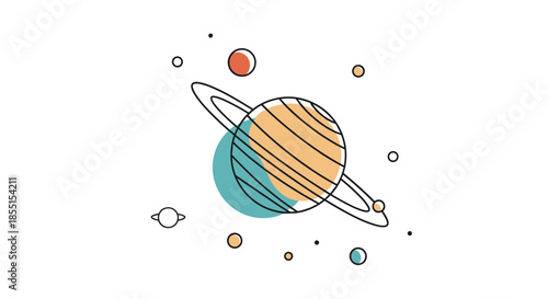 Minimalist space illustration of planet saturn with its rings and various moons on a white background for education.