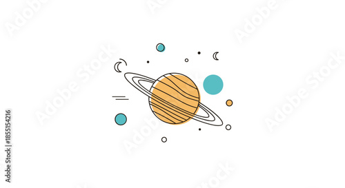 Simplified illustration of saturn planet with its iconic rings and surrounding moons in a clean and modern style.