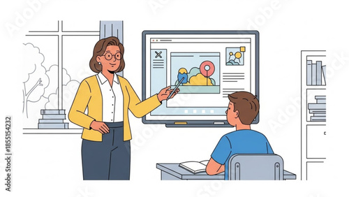 Digital Learning Teacher Explaining Online Content to Student on Interactive Screen in Classroom Vector Illustration