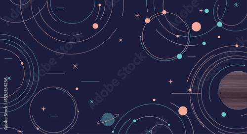 Dark abstract background featuring stylized orbits planets and stars for science and science fiction design themes.