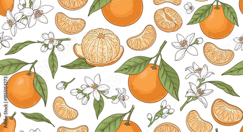Seamless pattern with hand drawn mandarin orange fruits blossoms and leaves for a fresh citrus themed wallpaper design.
