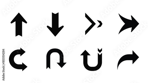 Set of Black Arrows Pointing in Different Directions and Shapes