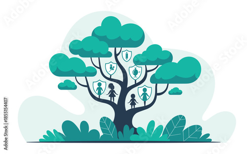 Family protection concept with tree and shields