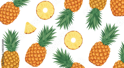 Vibrant pattern with whole pineapples and slices on a white background for tropical and summer holiday design themes.