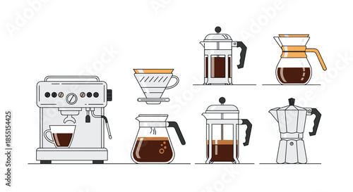 Set of clean icons representing different coffee brewing methods and tools like espresso machine and moka pot.