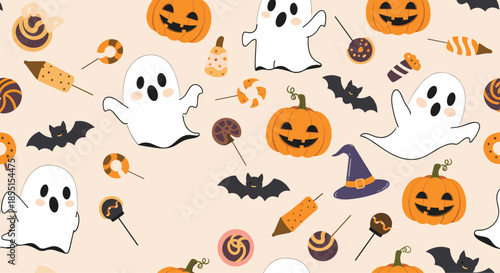 Fun halloween seamless pattern featuring ghosts pumpkins bats and candies on a light beige background for holidays.