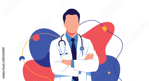 Stylized doctor figure with crossed arms over an abstract background of organic shapes and lines for medical design.