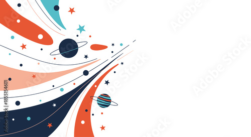 Abstract space background featuring stylized planets stars and dynamic colorful cosmic waves on a clean white space for copy.
