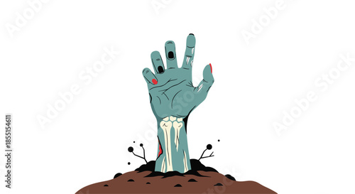 Spooky illustration of a decaying zombie hand reaching out from a dirt mound against a stark white background for halloween.