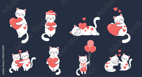 Adorable collection of white cats holding red hearts and balloons in various loving poses on a dark blue solid background.