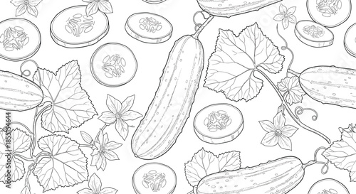 Detailed black and white seamless pattern with hand drawn cucumbers leaves and flowers for garden and food themes.