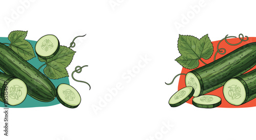 Fresh green cucumbers shown as whole vegetables and round slices against artistic blue and red background shapes on white.