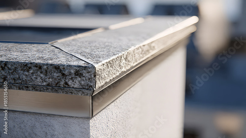 Ultra-realistic close-up of roof edge termination bar securing membrane along parapet wall