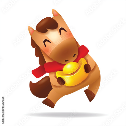 Cute Little Cartoon Horse with Red Scarf and Gold Ingot. Chinese Zodiac