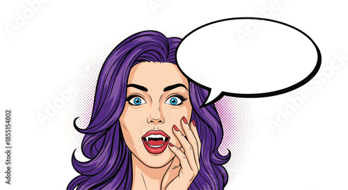 Pop art style illustration shows a surprised vampire woman with purple hair next to an empty white speech bubble.