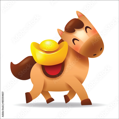 Cute Little Cartoon Horse Carrying a Gold Ingot. Chinese Zodiac