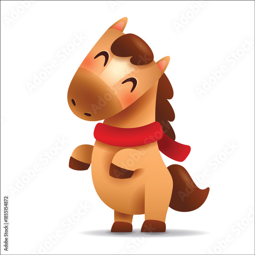Cute Little Cartoon Horse with Red Scarf. Chinese Zodiac