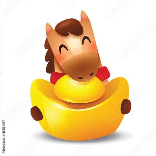 Cute Little Cartoon Horse with Giant Gold Ingot. Chinese Zodiac