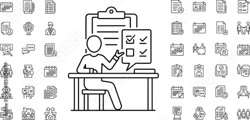 Professional Business Management Icon Set Featuring Project Planning Calendars Task Checklists Clipboard Documentation and Human Resources Coordination Corporate Workflow Organizational Productivity