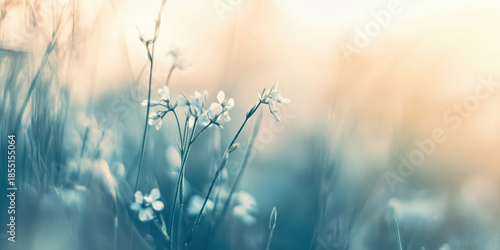 delicate white wildflowers blooming softly in misty meadow ethereal serene nature wallpaper background with copy space