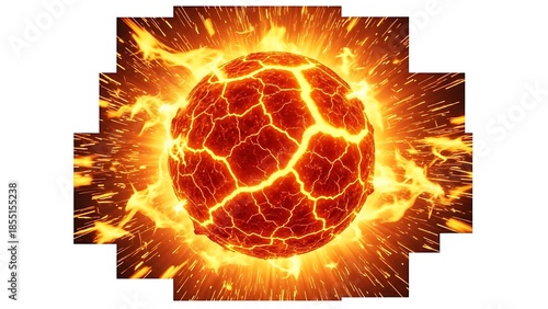 Vibrant fiery ball engulfed in dynamic orange flames and electric sparks