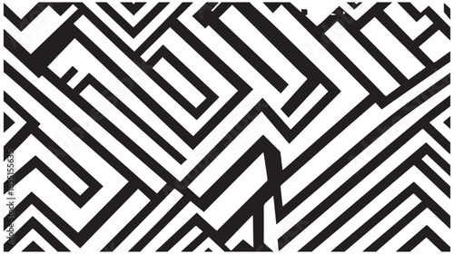 This image features a complex and engaging black and white pattern composed of interconnected lines and shapes.
