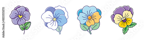 Beautiful pansy flower illustrations in various colors for botanical designs and spring art projects