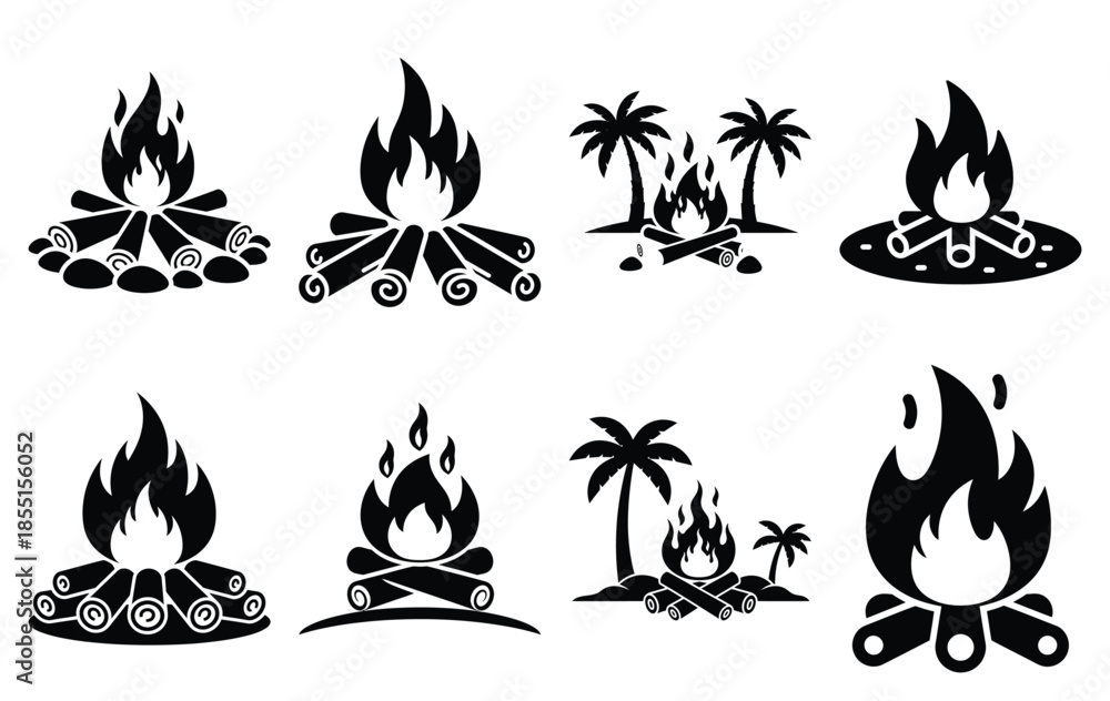 Obraz premium Silhouette of beach bonfire vector icon set collection. summer icons concept isolated on white, vector illustration