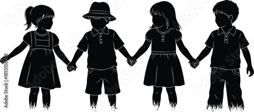 Four children silhouettes holding hands, friendship unity diversity concept isolated on white background illustration kids teamwork childhood innocence