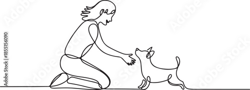 Line Art of a Woman Playing with Her Dog. one line Art icon drawing