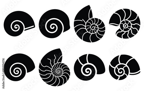 Silhouette of beach seashell spiral vector icon set collection. summer icons concept isolated on white, vector illustration