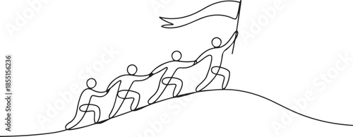 Single continuous line drawing male and female team member stick together follow their leader who holds flag to reach the top of the hill. one line Art icon drawing