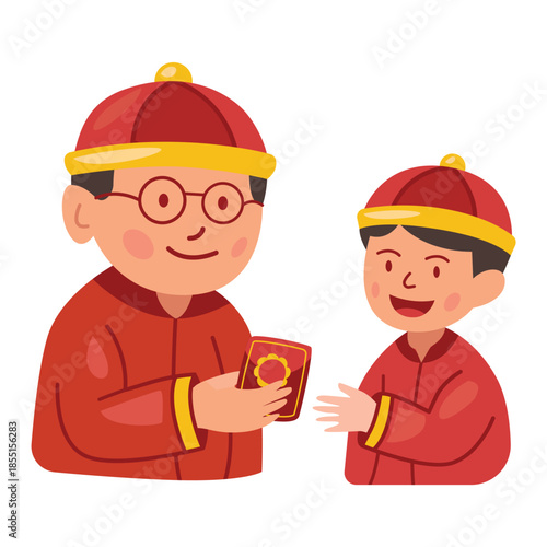 Chinese parents give red envelopes hongbao to their children, Chinese New Year