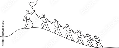 Single continuous line drawing male and female team member stick together follow their leader who holds flag to reach the top of the hill. one line Art icon drawing