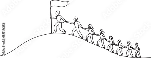 Single continuous line drawing male and female team member stick together follow their leader who holds flag to reach the top of the hill. one line Art icon drawing