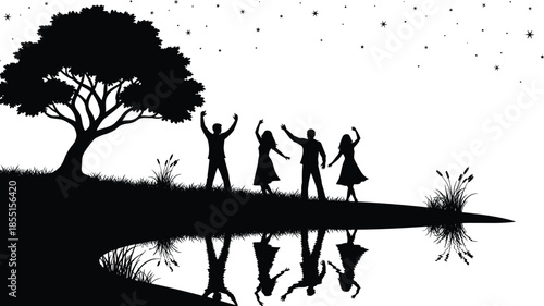 Group celebrating under tree silhouette at night, friendship, happiness, freedom, reflection, unity, joyful moment, nature, stars, outdoor togetherness