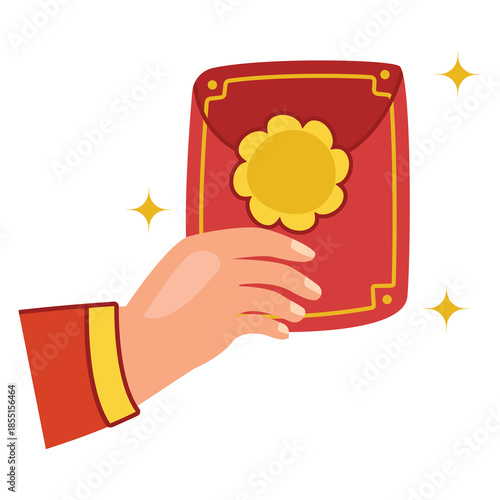 Illustration of a hand giving a Chinese New Year red envelope hongbao.