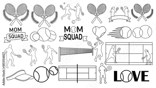 Tennis-themed illustration set with rackets, players, courts, and fun text for sports apparel, posters