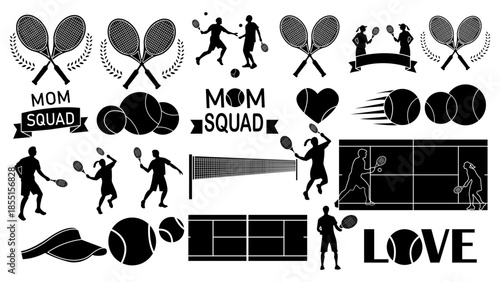 Tennis-themed black-and-white graphics featuring rackets, players, courts, and fun text for sports designs, apparel, and fan merchandise