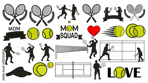 Tennis-themed graphic set with rackets, players, balls, courts, and fun text for sports, apparel, and fan-based design projects