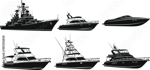 Boat and ship silhouette set illustration, military yacht fishing vessels collection, marine transportation concept, black flat vector icons design
