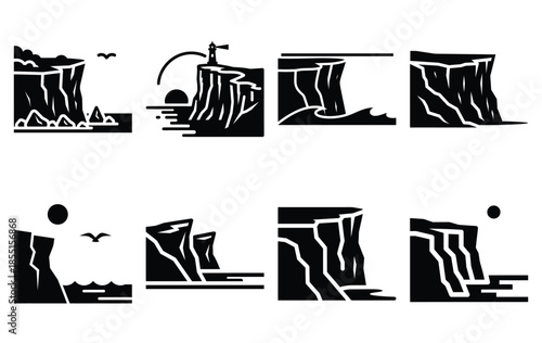 Silhouette of seaside cliff vector icon set collection. summer icons concept isolated on white, vector illustration