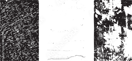 Three black and white textured grunge overlays with abstract patterns and distressed