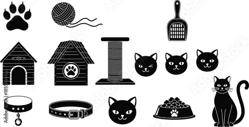Cat care icon set illustration, pet accessories food toys litter house symbols, cute feline essentials black flat vector design collection