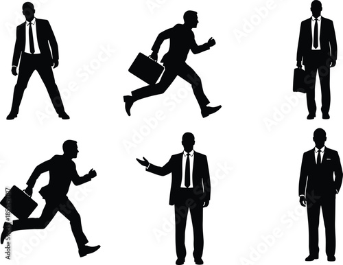 Business people silhouette set, running walking standing men figures, corporate worker action poses, black minimal vector illustration
