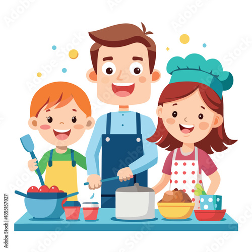 mother and children baking in kitchen cartoon illustration