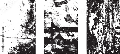 Three black and white grunge textures with distressed abstract patterns