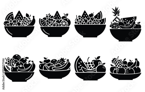 Silhouette of summer fruit bowl vector icon set collection. summer icons concept isolated on white, vector illustration